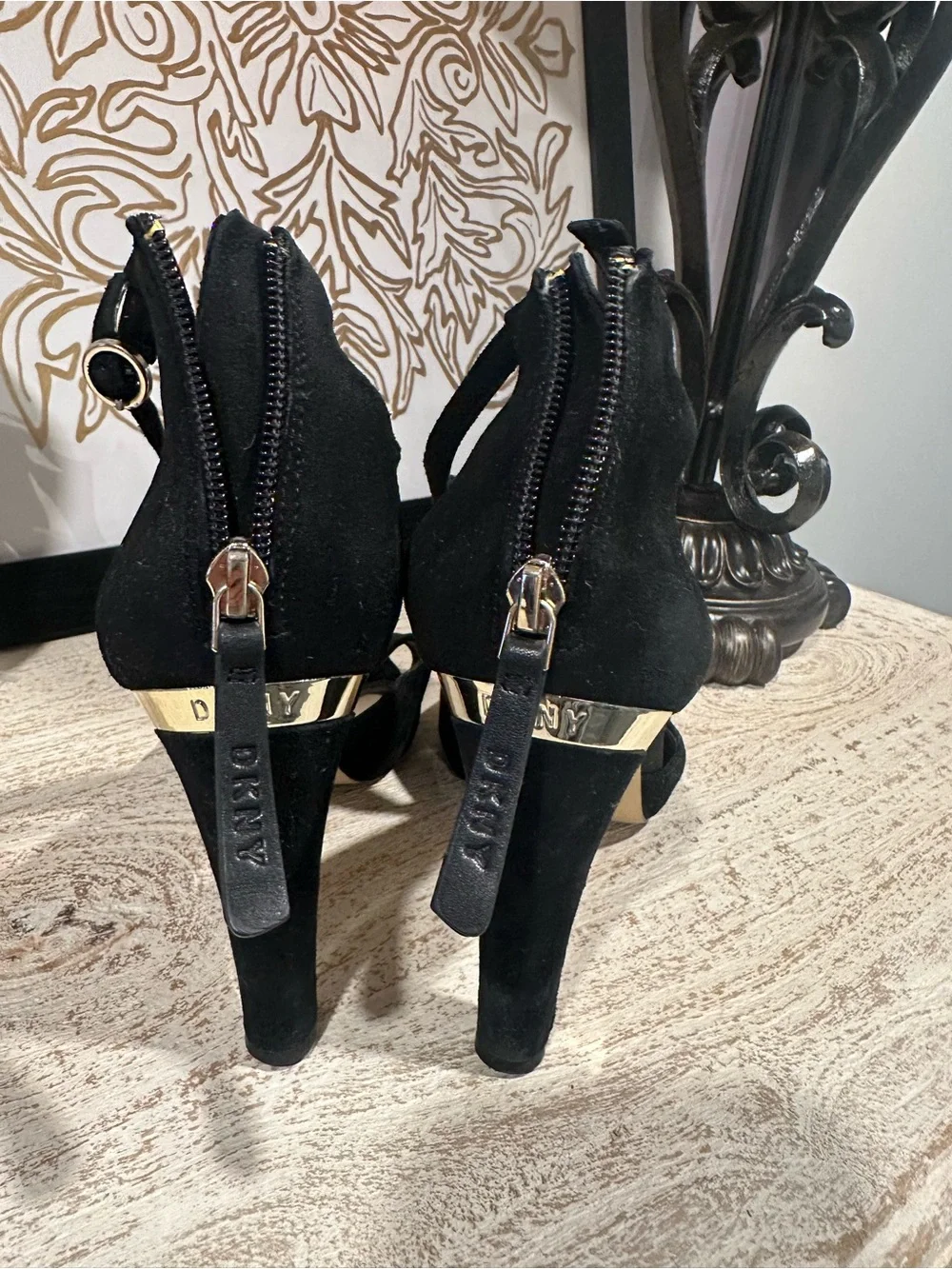 DKNY Black Suede Strappy Heels with Gold Block Heel